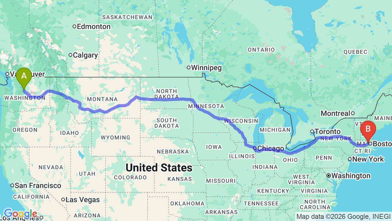 Route map: Washington to Massachusetts Car Shipping: Relocation Logistics for the Northern Tier