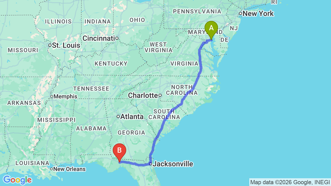 Route map: Maryland to Florida Car Shipping: The Complete Snowbird Guide
