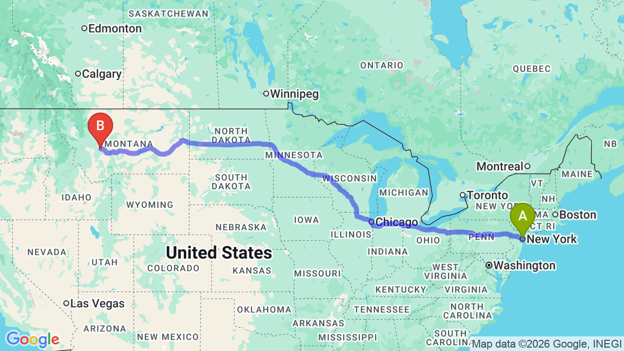 Route map: New York to Montana Car Shipping: Complete Relocator’s Guide