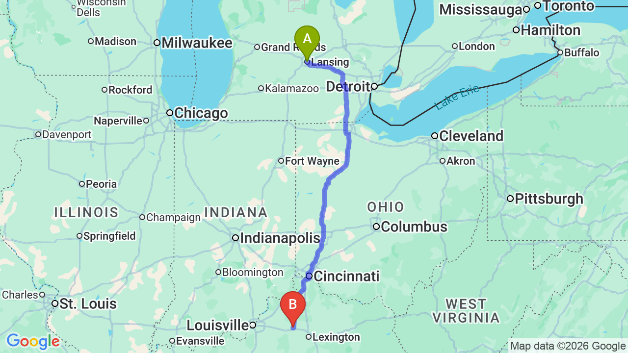Route map: Michigan to Kentucky Car Shipping: Complete Guide for Relocators