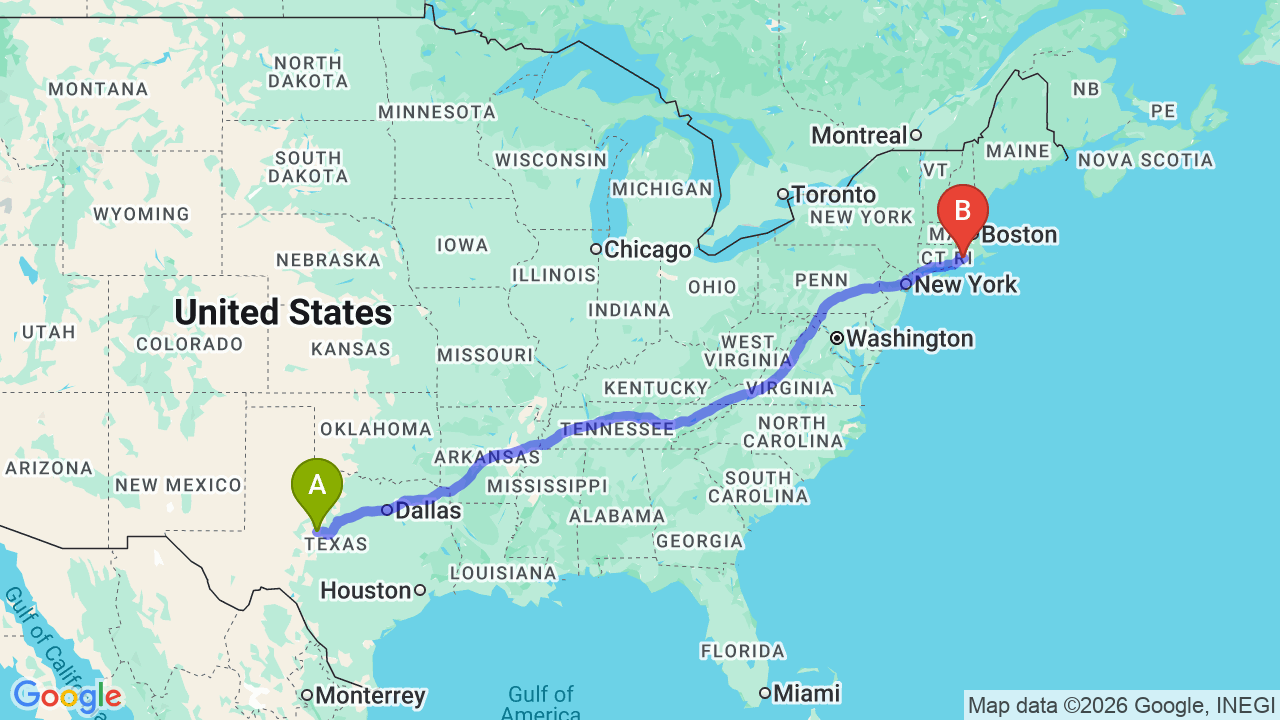 Route map: Texas to Rhode Island Car Shipping: Professional Relocator Guide