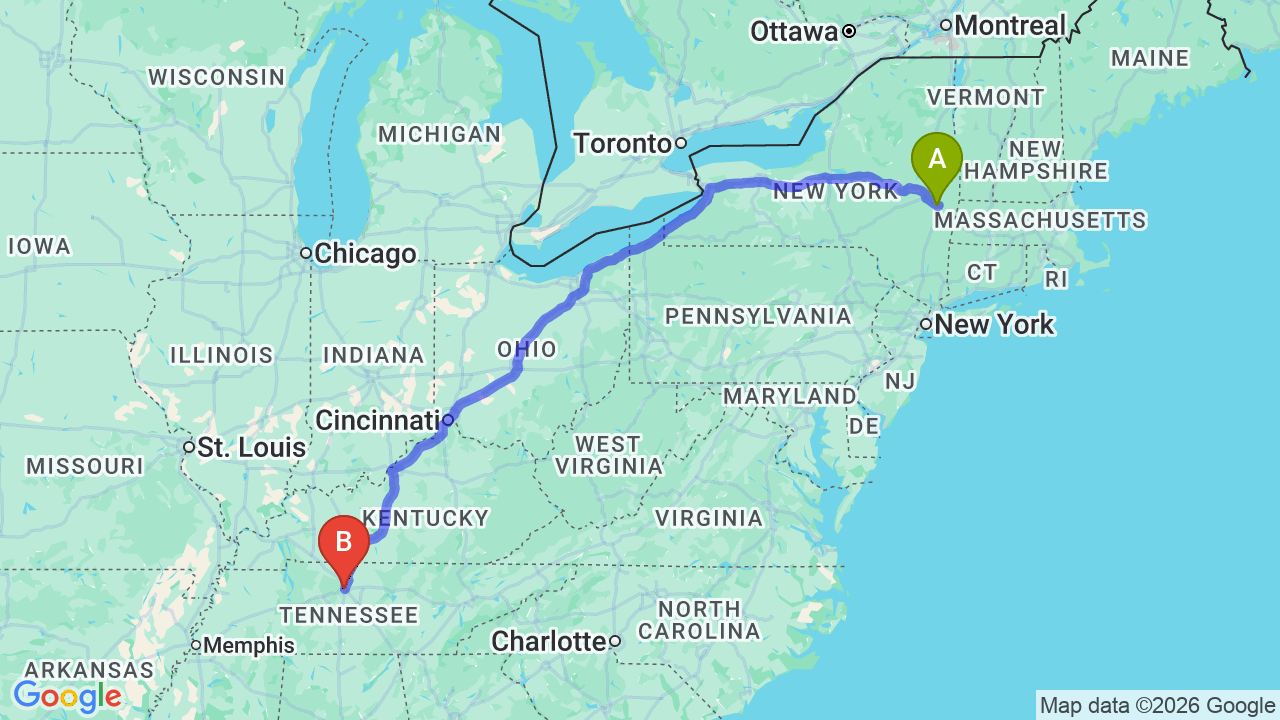 Route map: New York to Tennessee Car Shipping: Complete Relocator’s Guide
