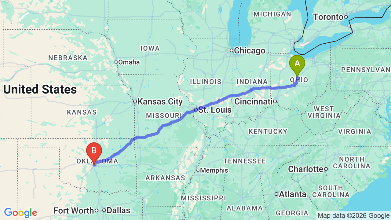 Route map: Ohio to Oklahoma Car Shipping: The Complete Relocator’s Guide