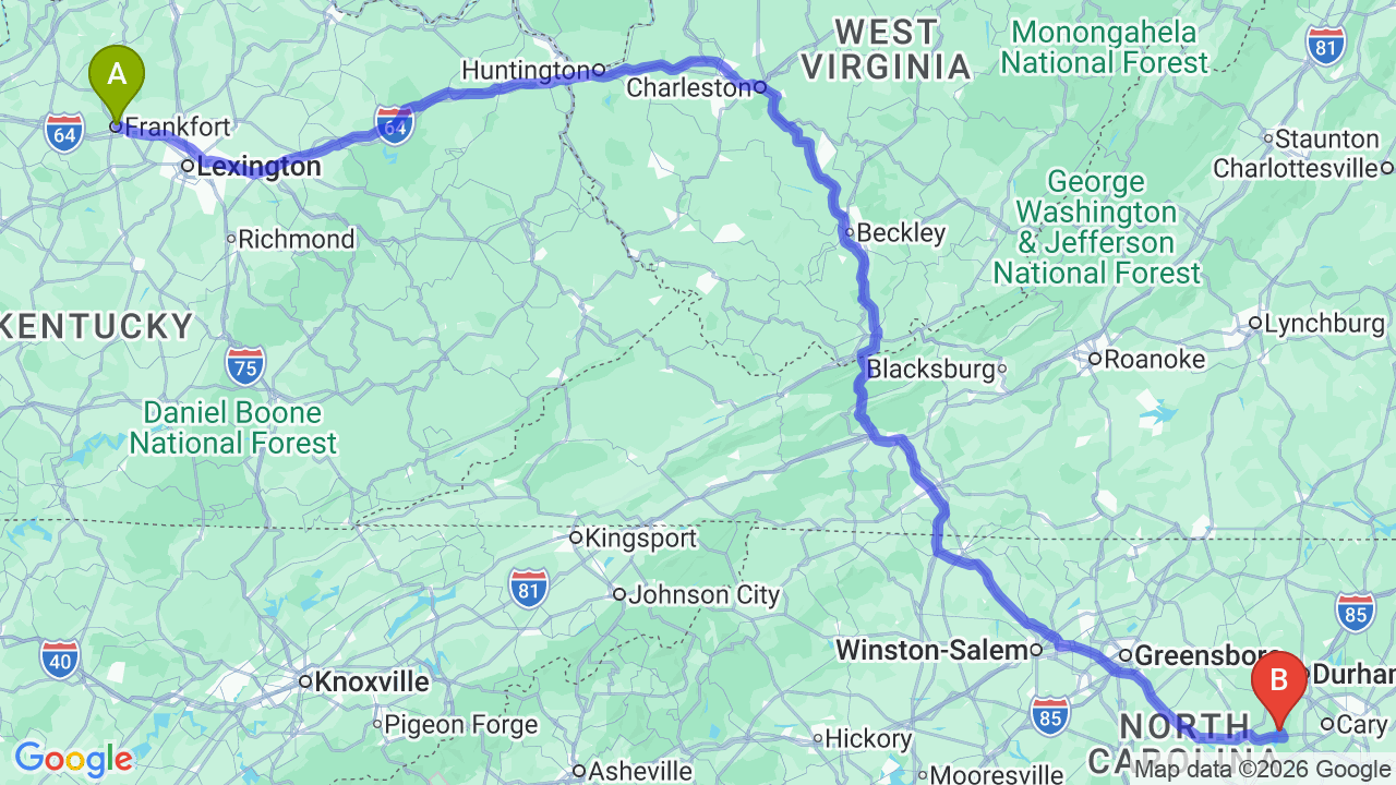 Route map: Kentucky to North Carolina Car Shipping for Your Relocation