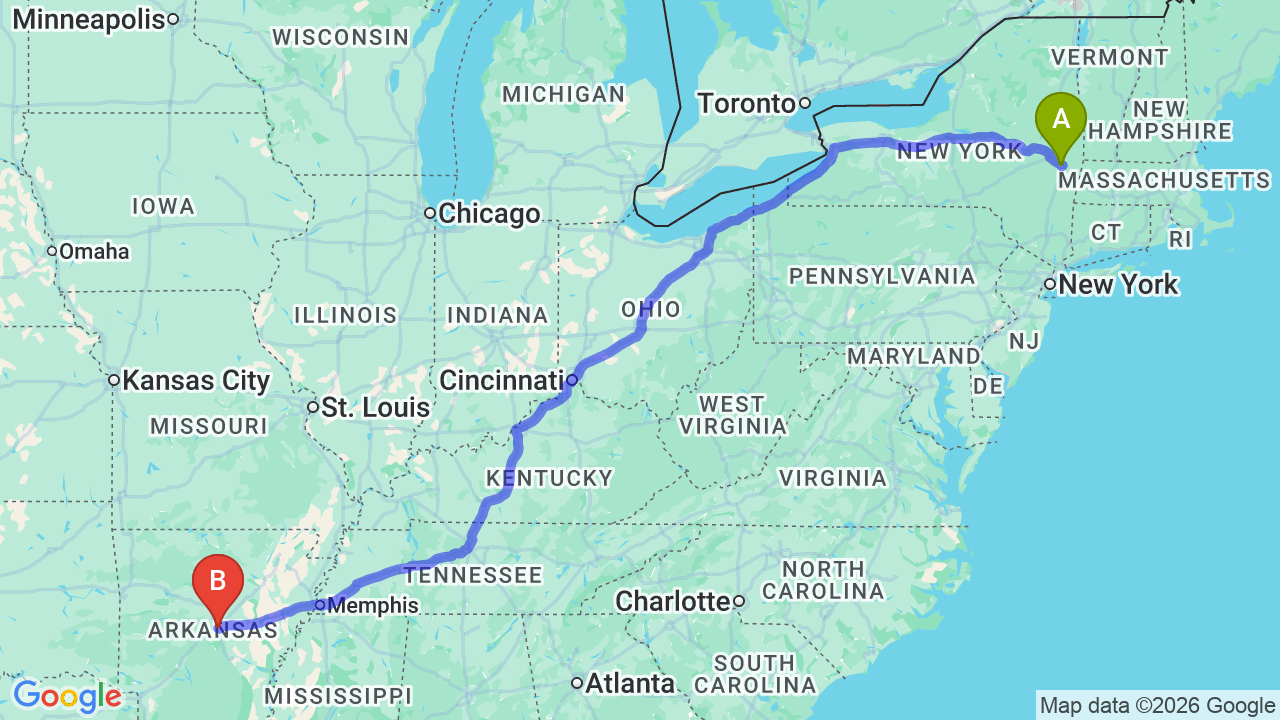 Route map: New York to Arkansas Car Shipping: Complete Relocation Guide