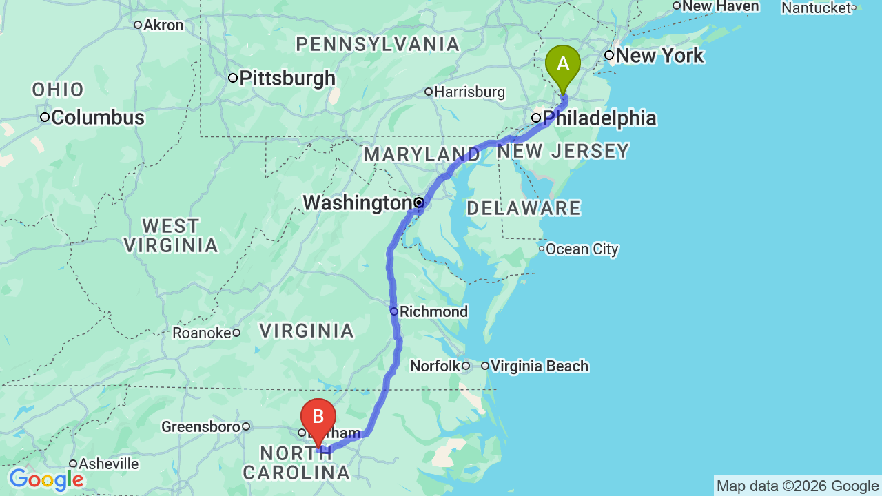 Route map: New Jersey to North Carolina Car Shipping: Professional Relocation Services