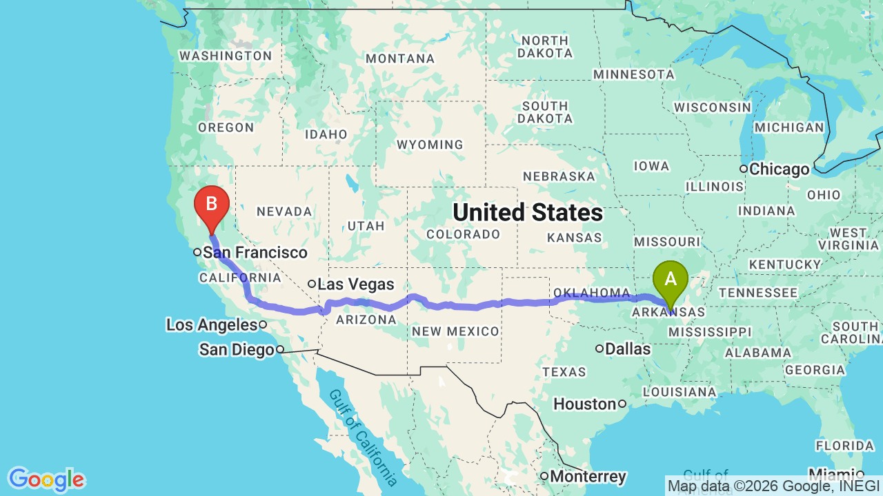 Route map: Arkansas to California Car Shipping (2026 Costs & Transit Times)