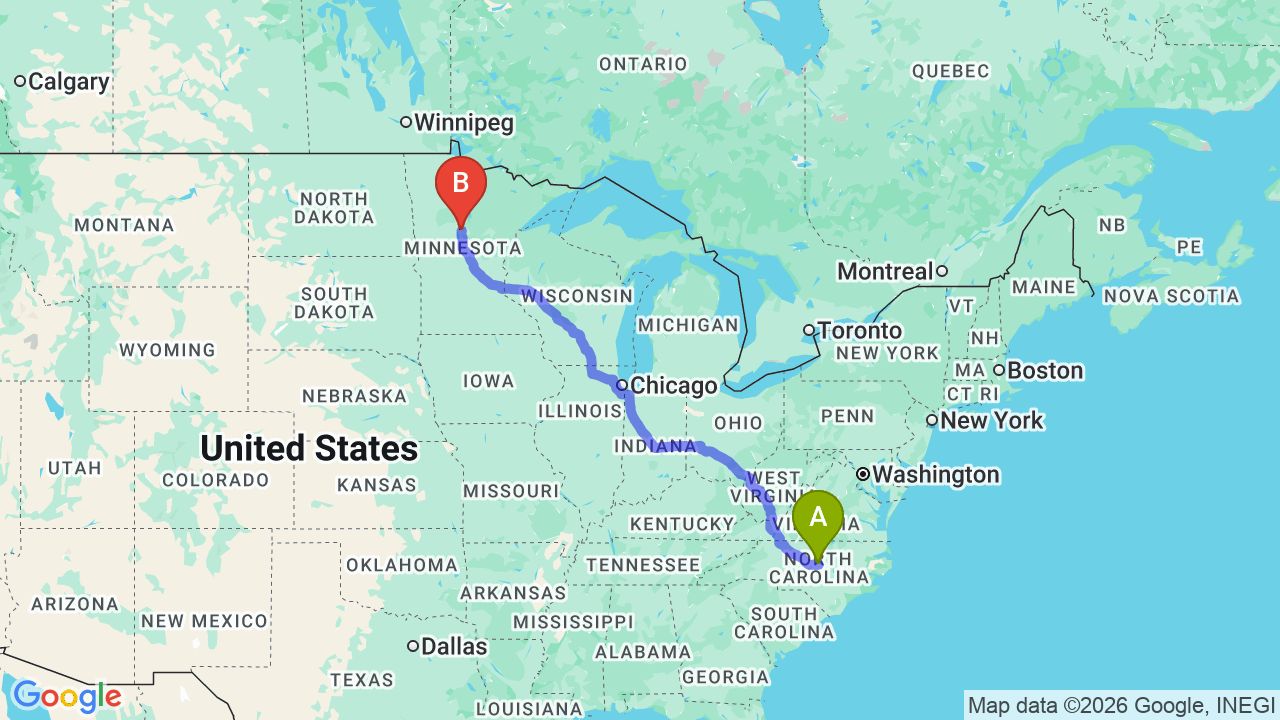 Route map: North Carolina to Minnesota Car Shipping: A Relocator’s Guide