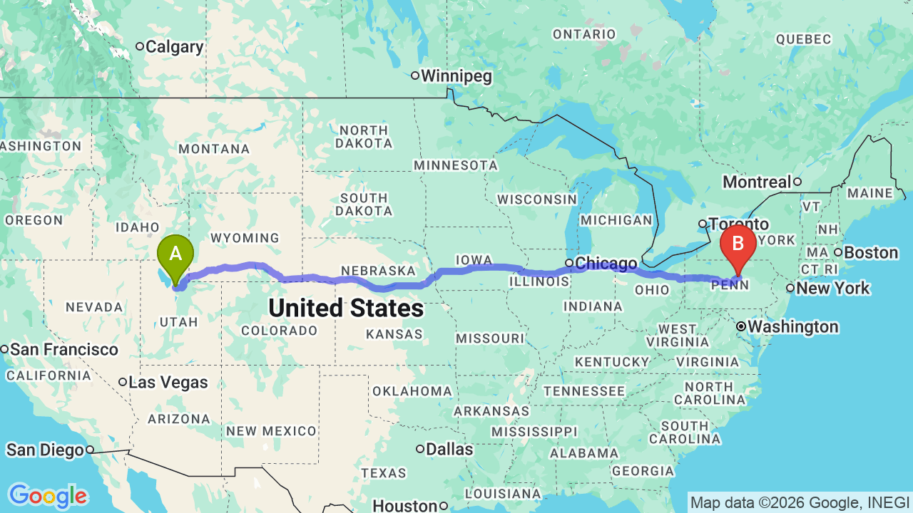 Route map: Utah to Pennsylvania Car Shipping: Professional Relocation Services