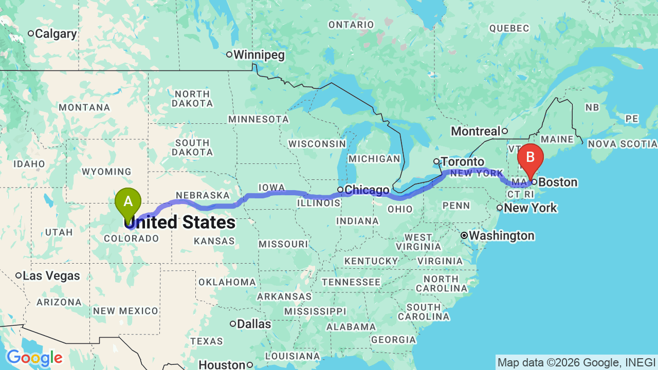Route map: Colorado to Massachusetts Car Shipping: A Relocator’s Complete Guide