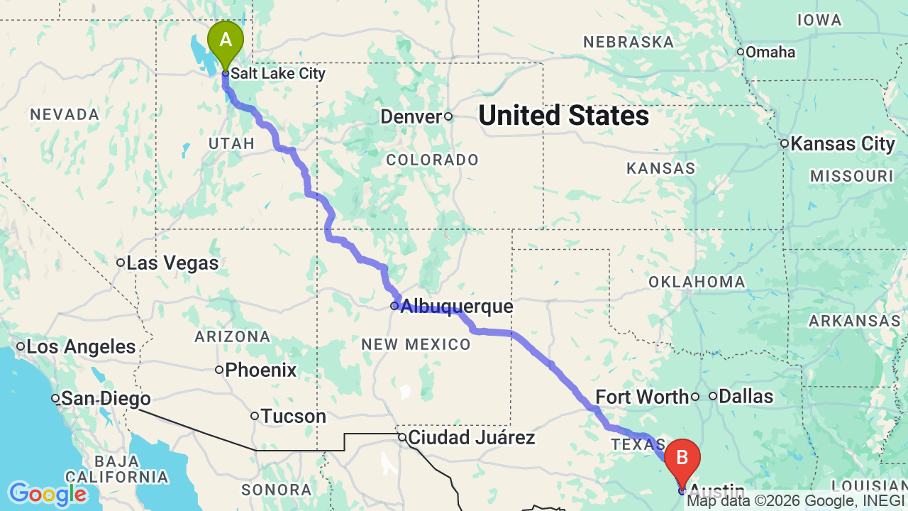 Route map: Utah to Texas Car Shipping: Secure Your Job Relocation
