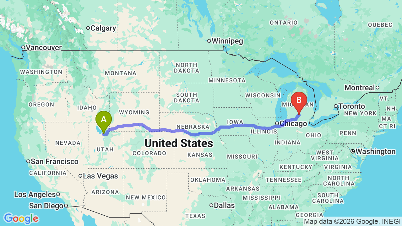 Route map: Utah to Michigan Car Shipping: Complete Relocator’s Guide & Costs