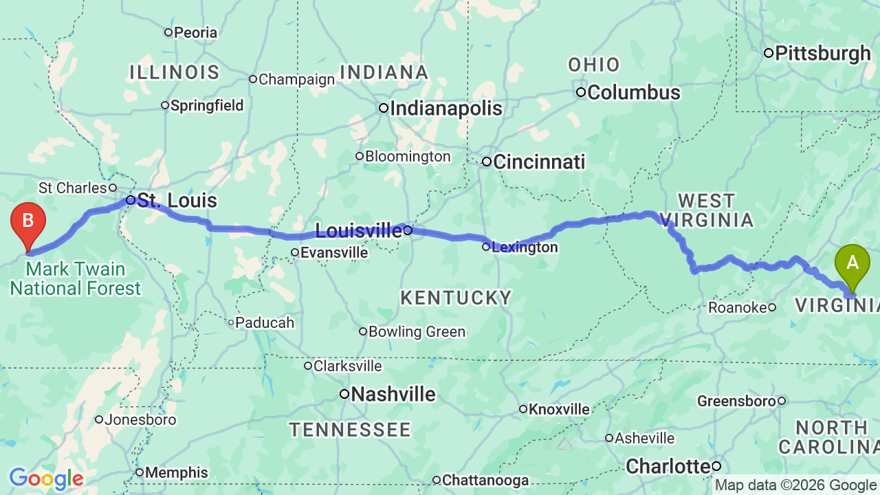 Route map: Virginia to Missouri Car Shipping: Reliable Transport for Your Career Relocation
