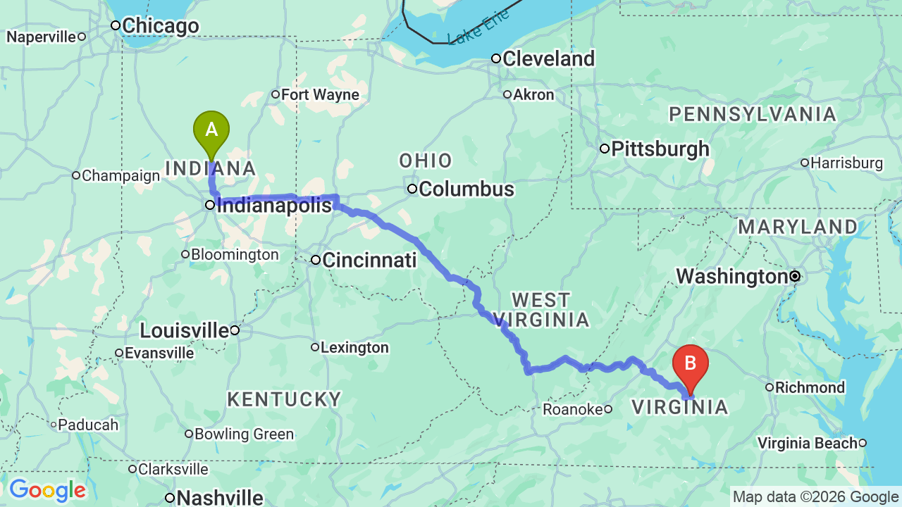 Route map: Indiana to Virginia Car Shipping: Relocate Your Vehicle with Precision