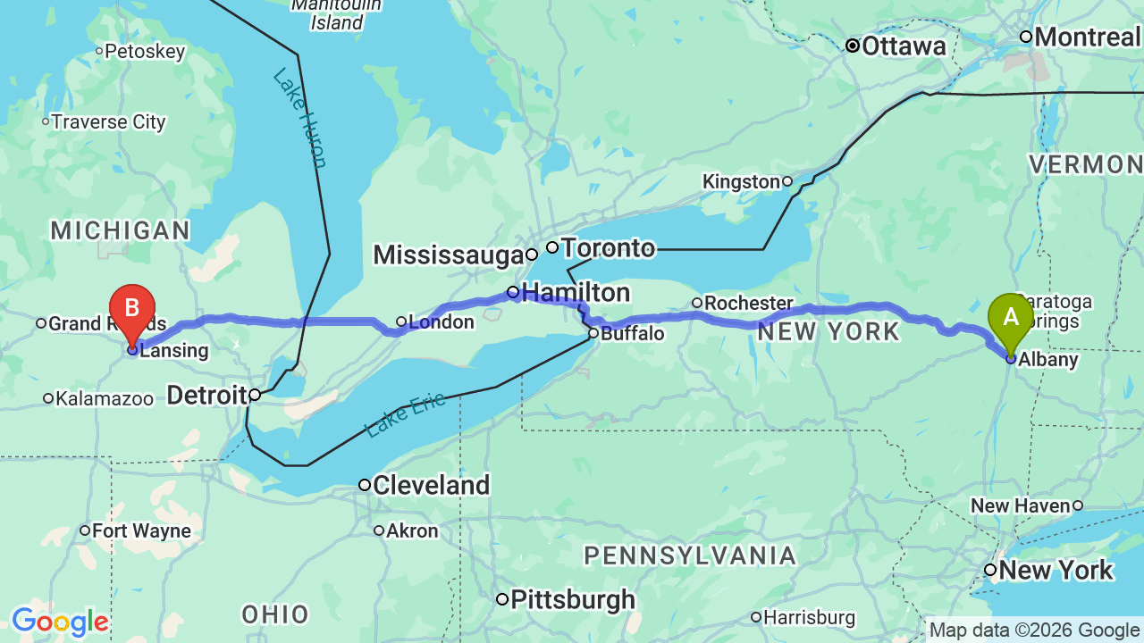 Route map: New York to Michigan Car Shipping: Complete Relocator Guide