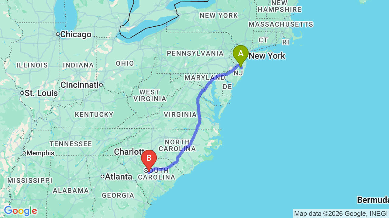 Route map: New Jersey to South Carolina Car Shipping: Complete Relocator Guide