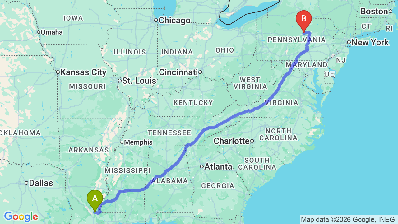 Route map: Louisiana to Pennsylvania Car Shipping: Complete Relocator’s Guide
