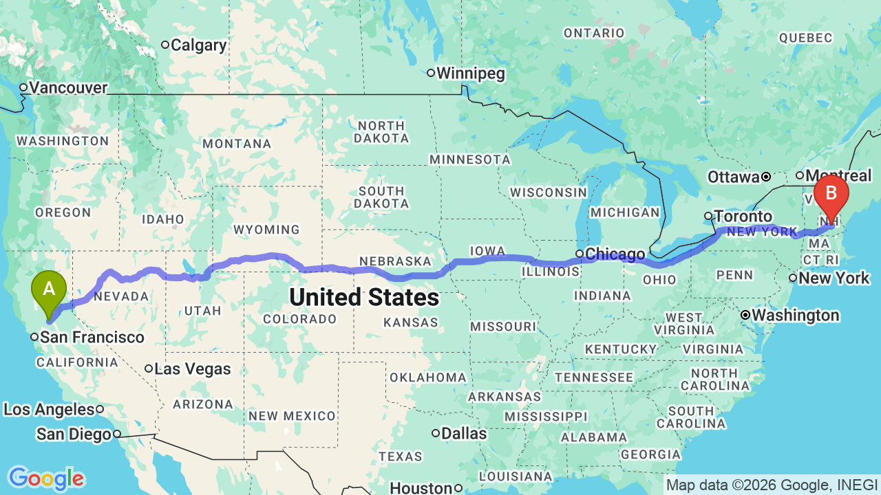 Route map: California to New Hampshire Car Shipping: Complete Relocator’s Guide