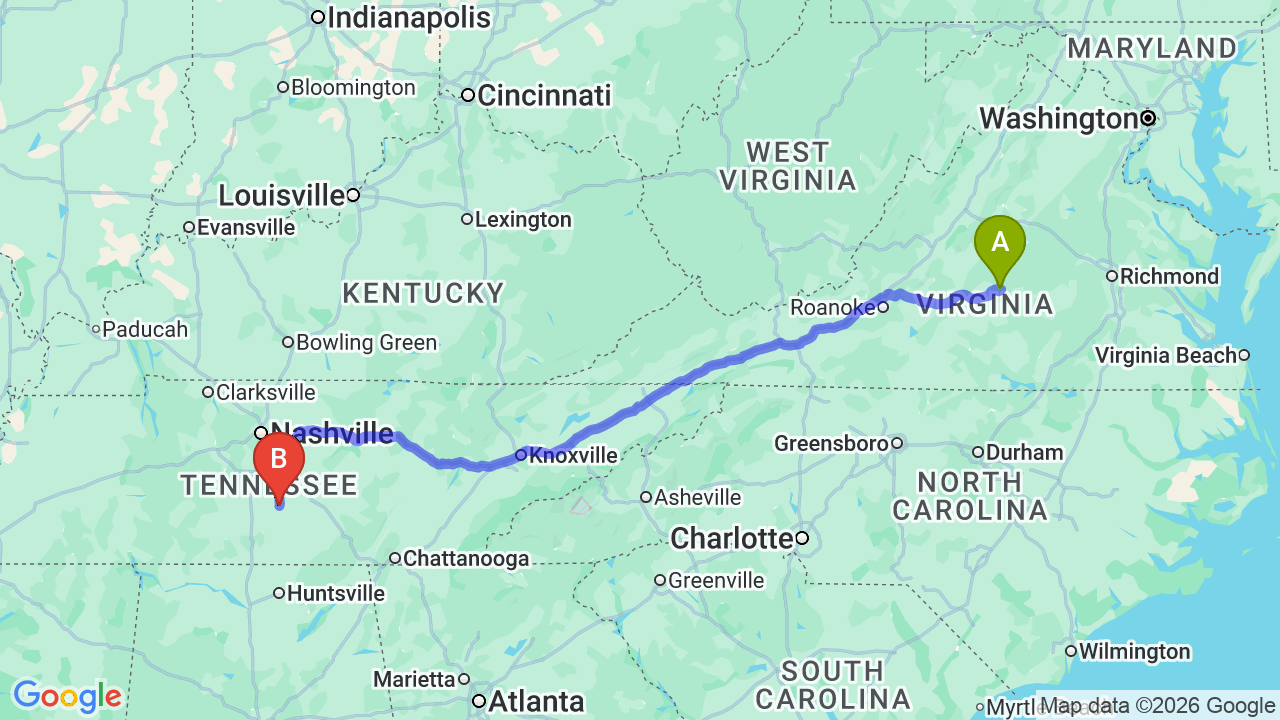 Route map: Virginia to Tennessee Car Shipping: Reliable Relocation Guide