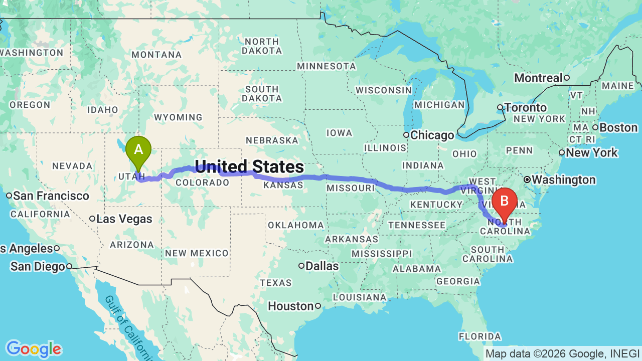 Route map: Utah to North Carolina Car Shipping: Professional Vehicle Transport Guide