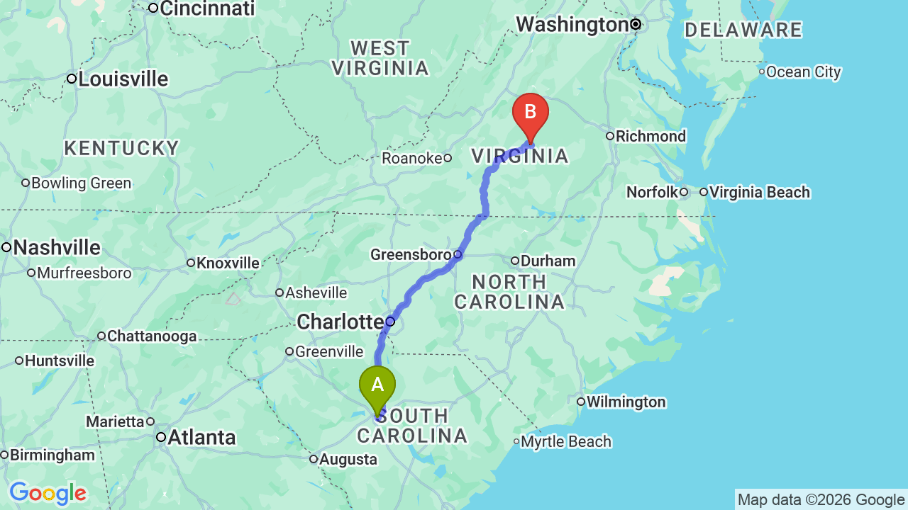 Route map: South Carolina to Virginia Car Shipping: Complete Relocation Guide