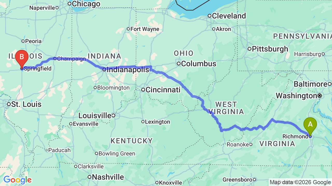 Route map: Virginia to Illinois Car Shipping: The Complete Relocation Guide