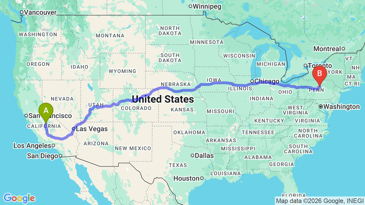 Route map: California to Pennsylvania Car Shipping: The Complete Relocation Guide