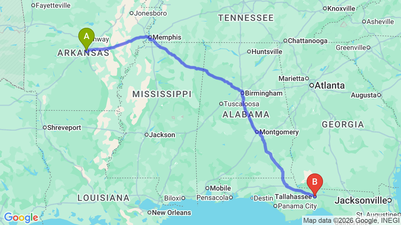 Route map: Arkansas to Florida Car Shipping: Your Relocation Logistics Guide