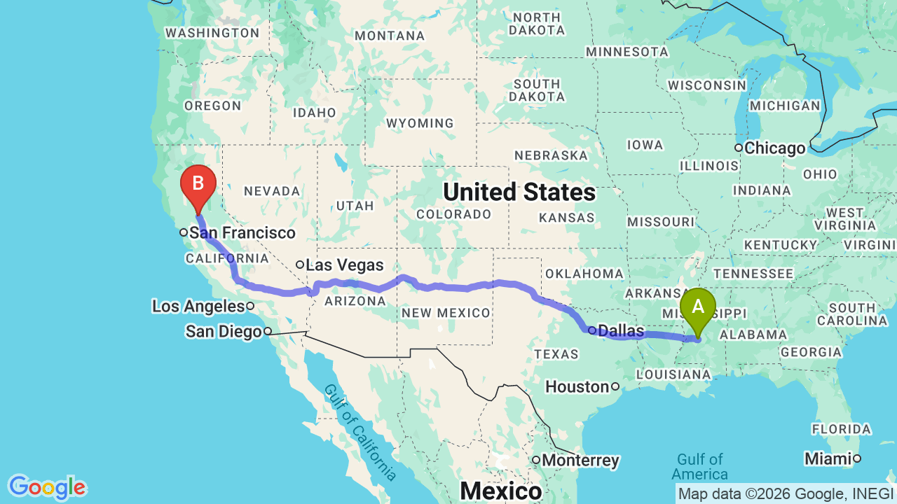 Route map: Moving Your Life from the Magnolia State to the Golden State: Mississippi to California Car Shipping