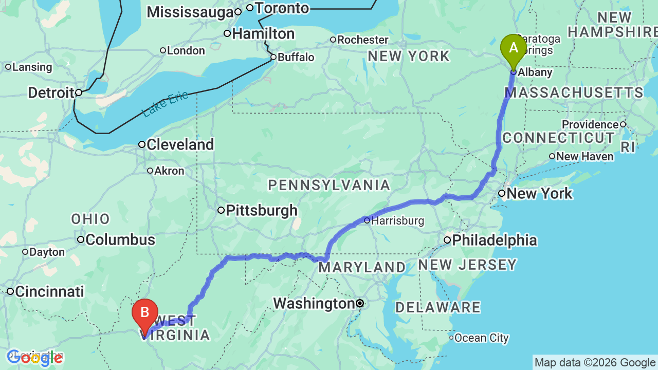 Route map: New York to West Virginia Car Shipping for Your Career Relocation