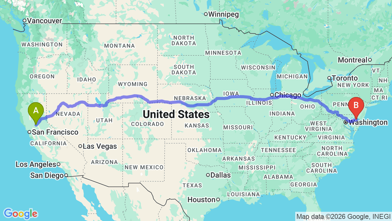 Route map: California to Delaware Car Shipping: Complete Guide