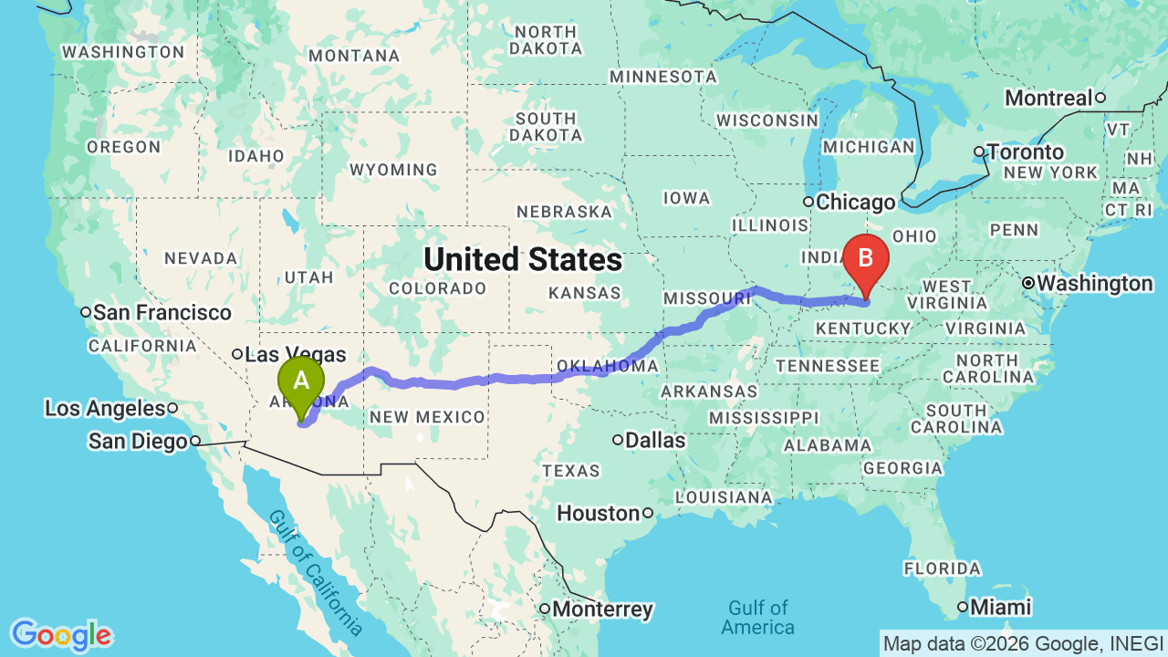 Route map: Arizona to Kentucky Car Shipping: The Complete Relocator’s Guide