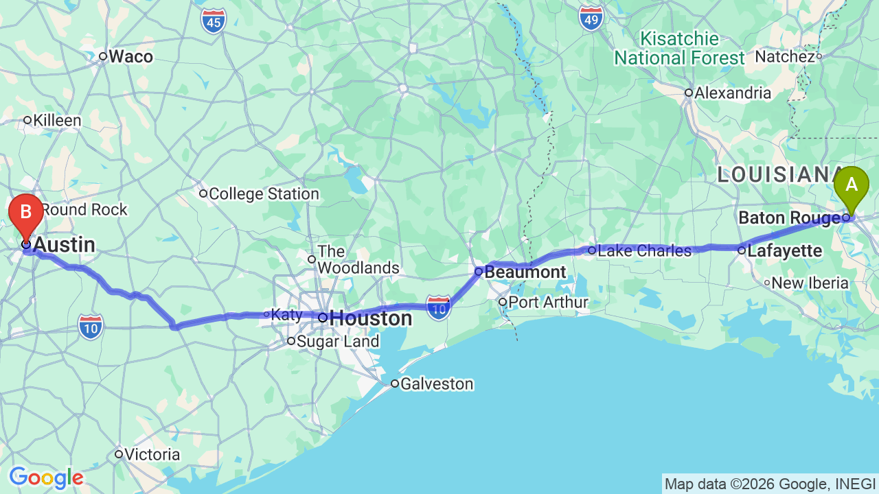 Route map: Louisiana to Texas Car Shipping: Complete Career Relocation Guide