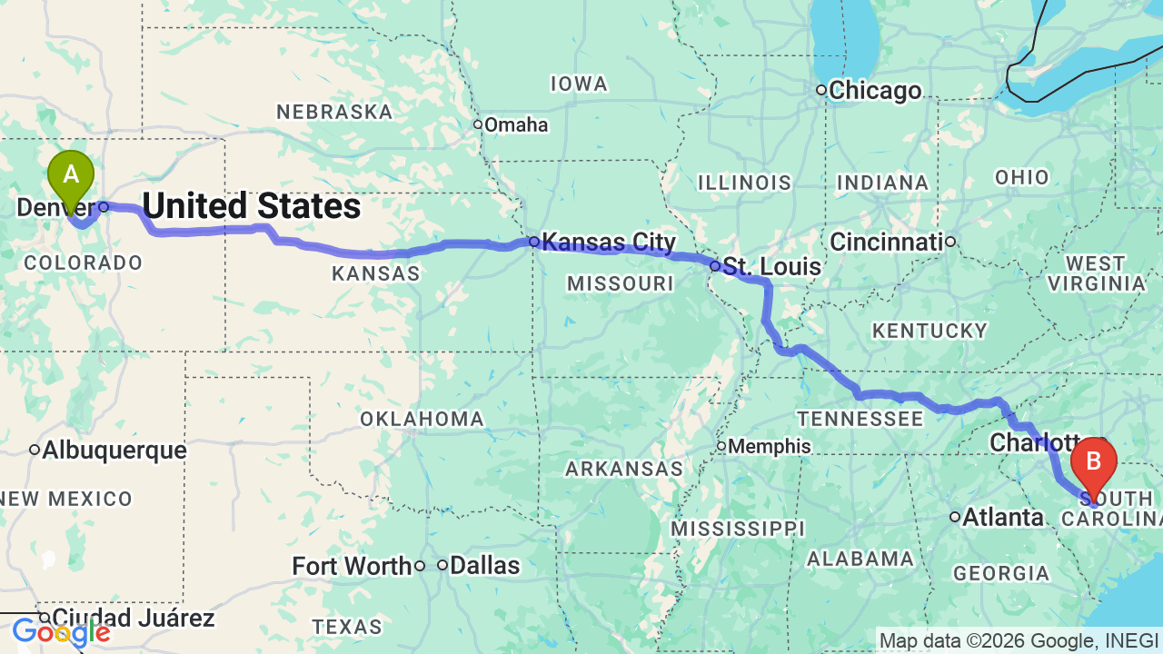 Route map: Colorado to South Carolina Car Shipping: Professional Relocator Guide