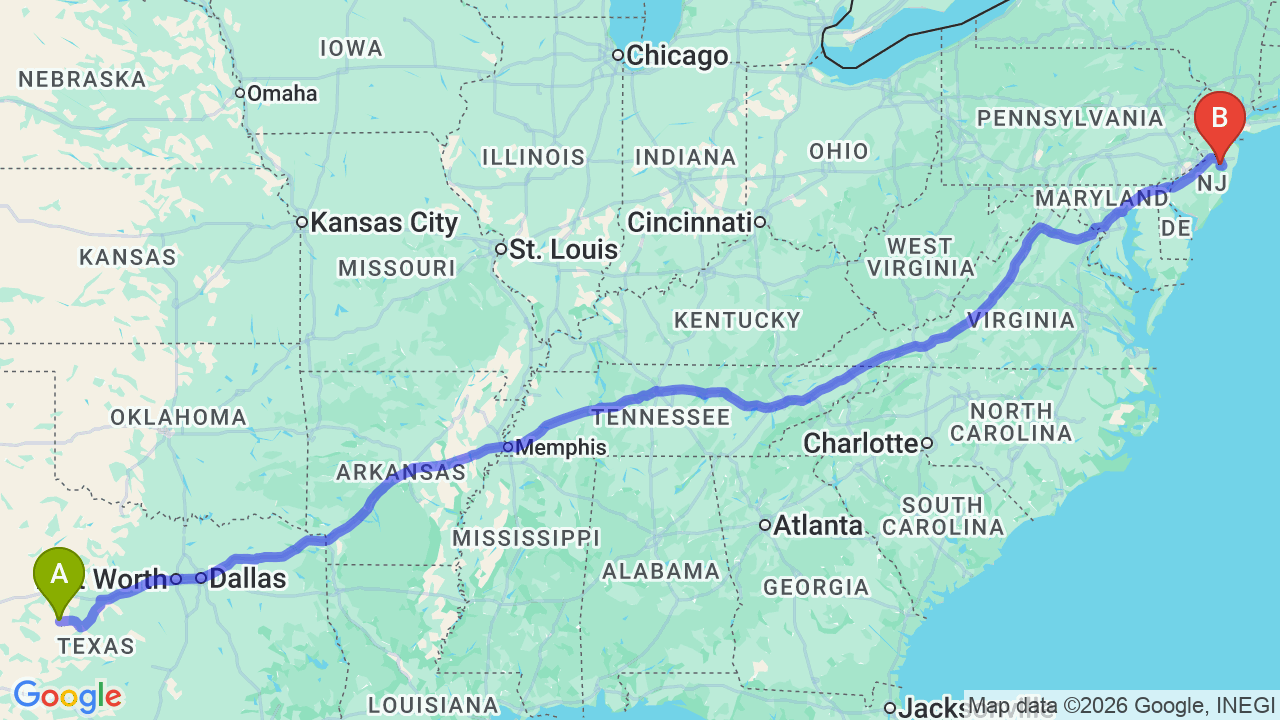 Route map: Texas to New Jersey Car Shipping: Complete Relocator’s Guide