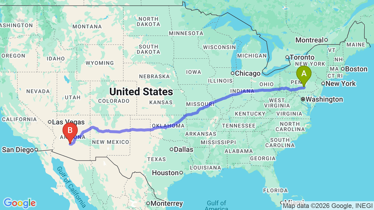Route map: Pennsylvania to Arizona Car Shipping: The Complete Relocation Guide