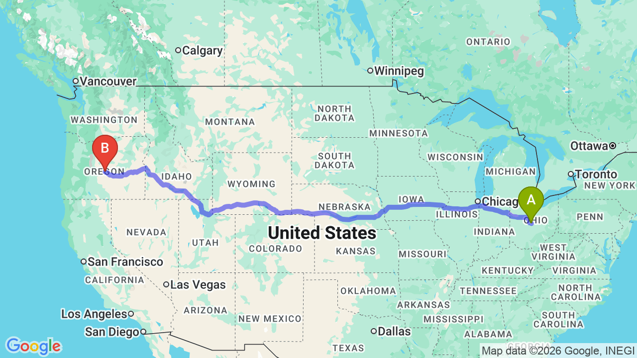 Route map: Ohio to Oregon Car Shipping: The Complete Relocator’s Guide