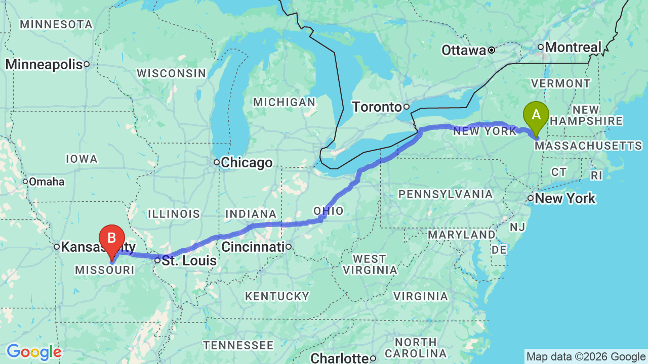Route map: New York to Missouri Car Shipping: Professional Relocator Guide