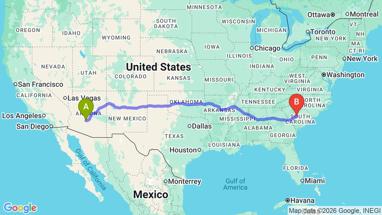 Route map: Arizona to South Carolina Car Shipping: Professional Relocation Solutions