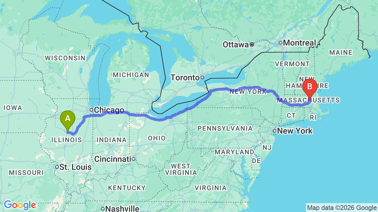 Route map: Illinois to Massachusetts Car Shipping: A Relocator’s Professional Guide