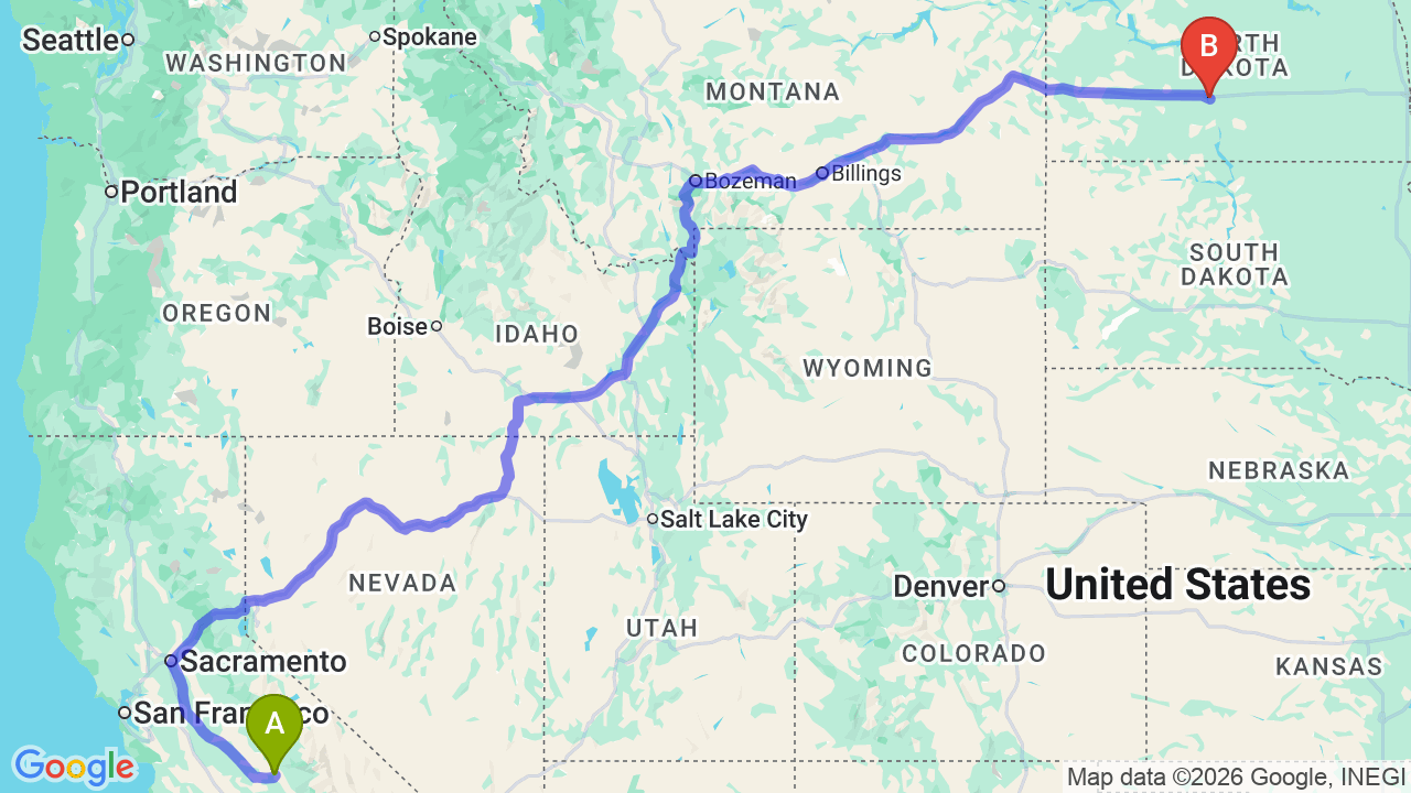 Route map: California to North Dakota Car Shipping: Professional Relocation Services