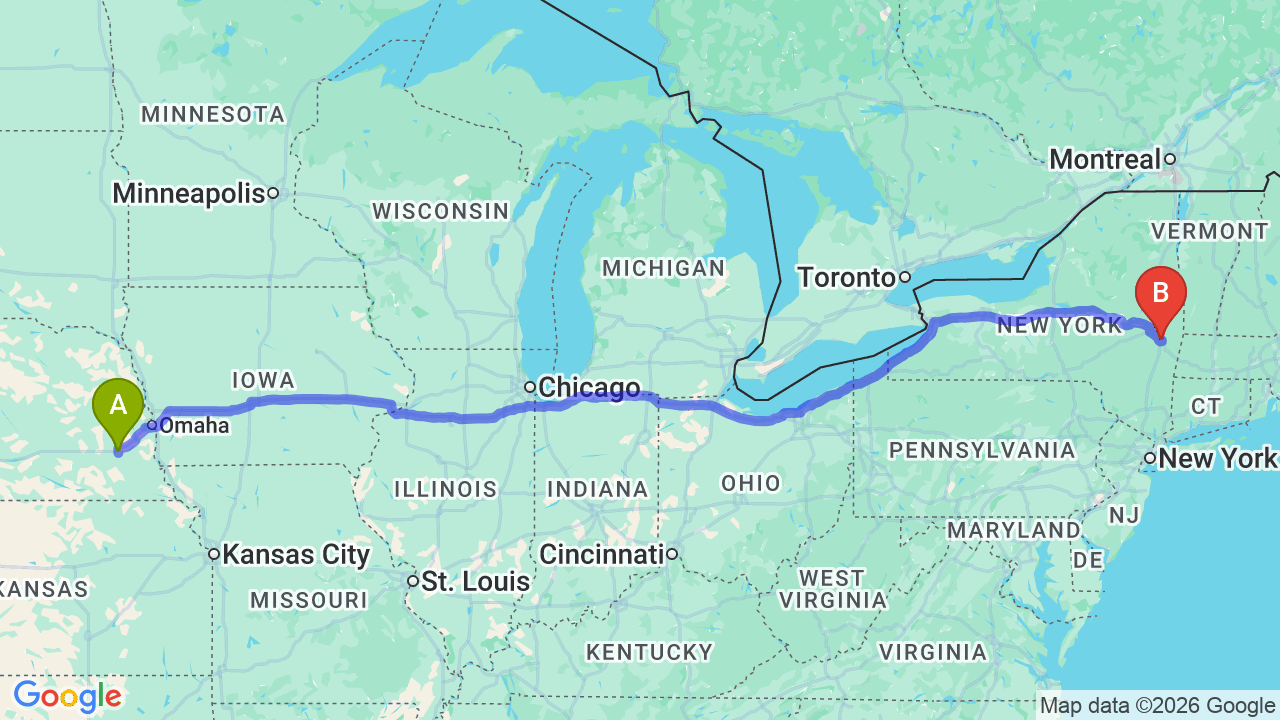 Route map: Nebraska to New York Car Shipping: Complete Relocator’s Guide