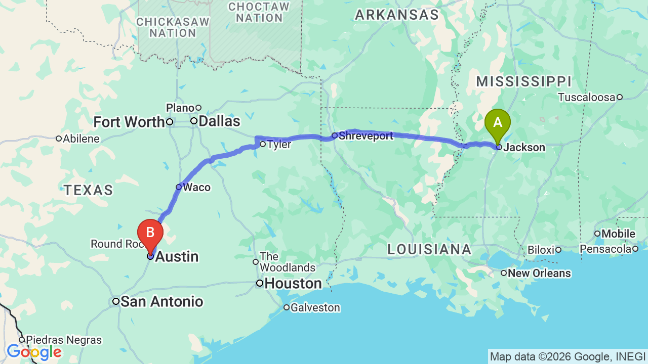 Route map: Mississippi to Texas Car Shipping: Streamlined Relocation for Your Vehicle