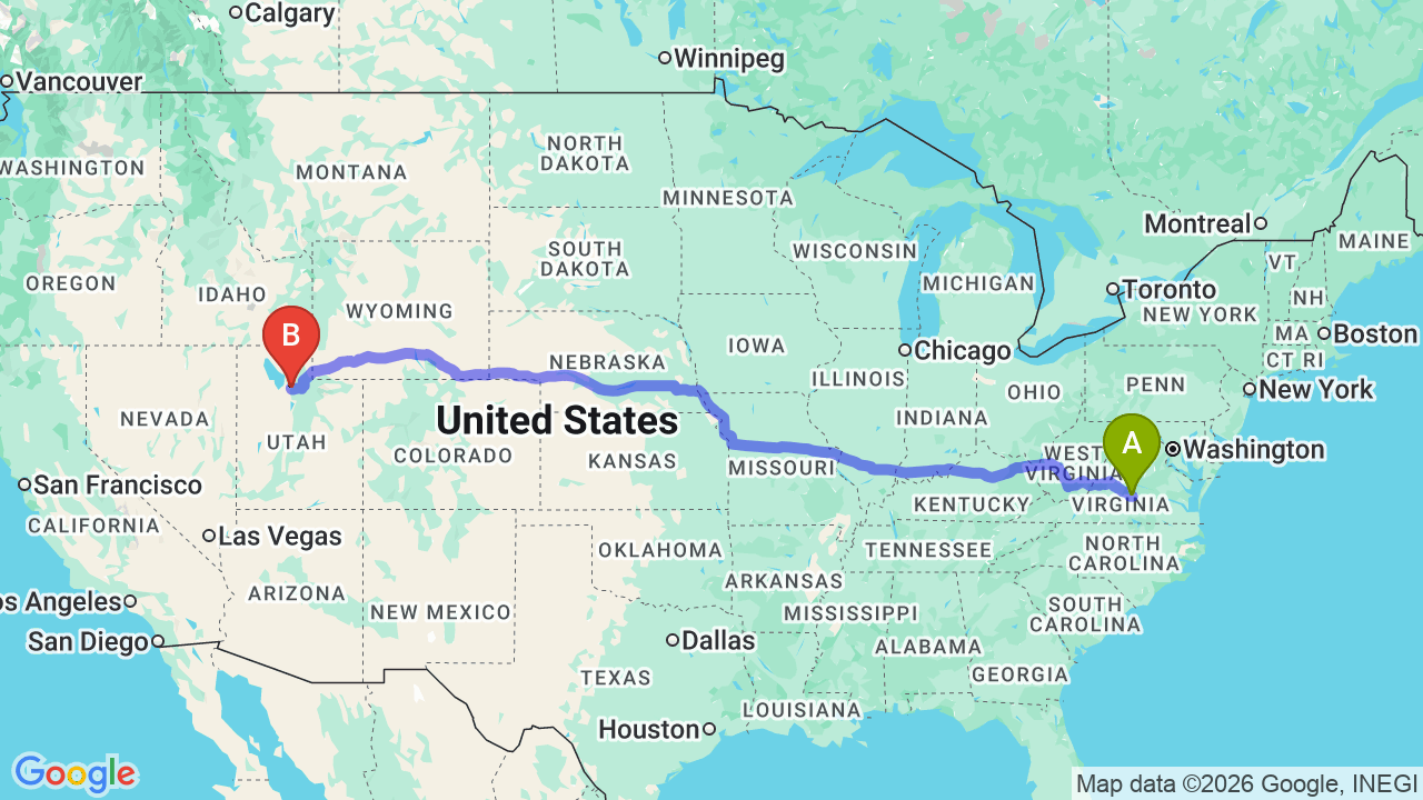 Route map: Virginia to Utah Car Shipping: Professional Auto Transport Guide