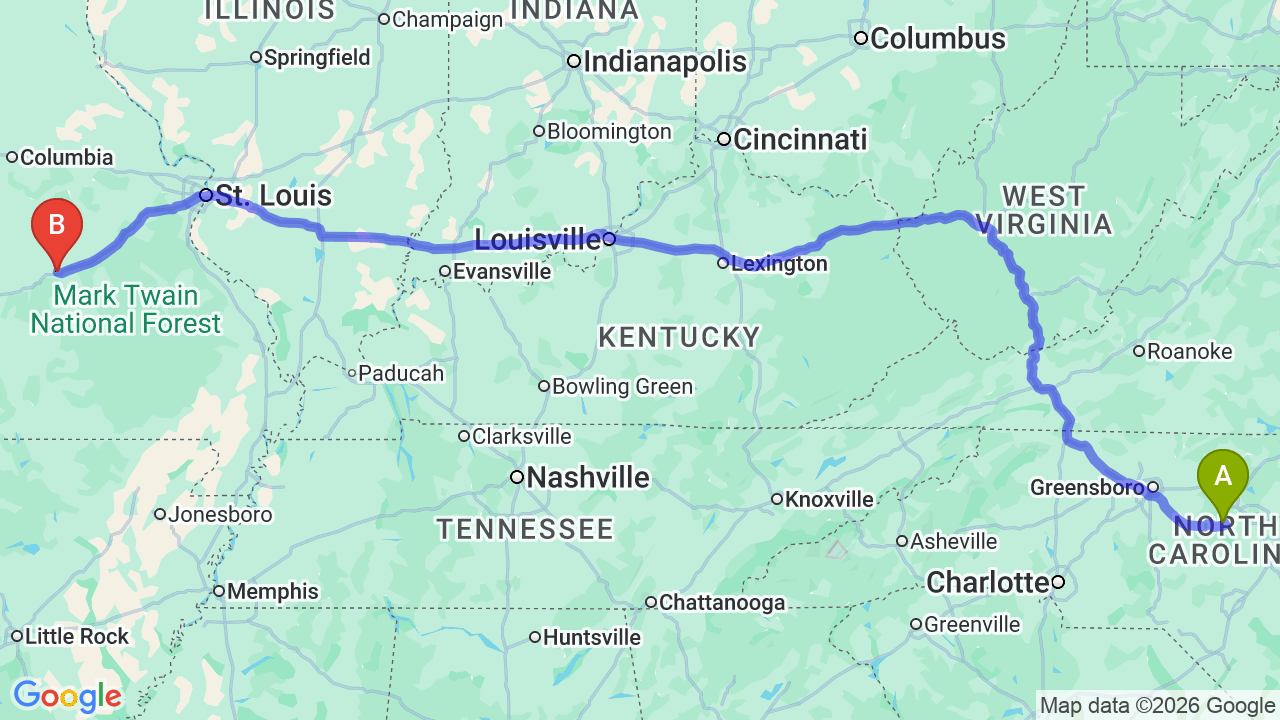 Route map: North Carolina to Missouri Car Shipping: Complete Relocator’s Guide