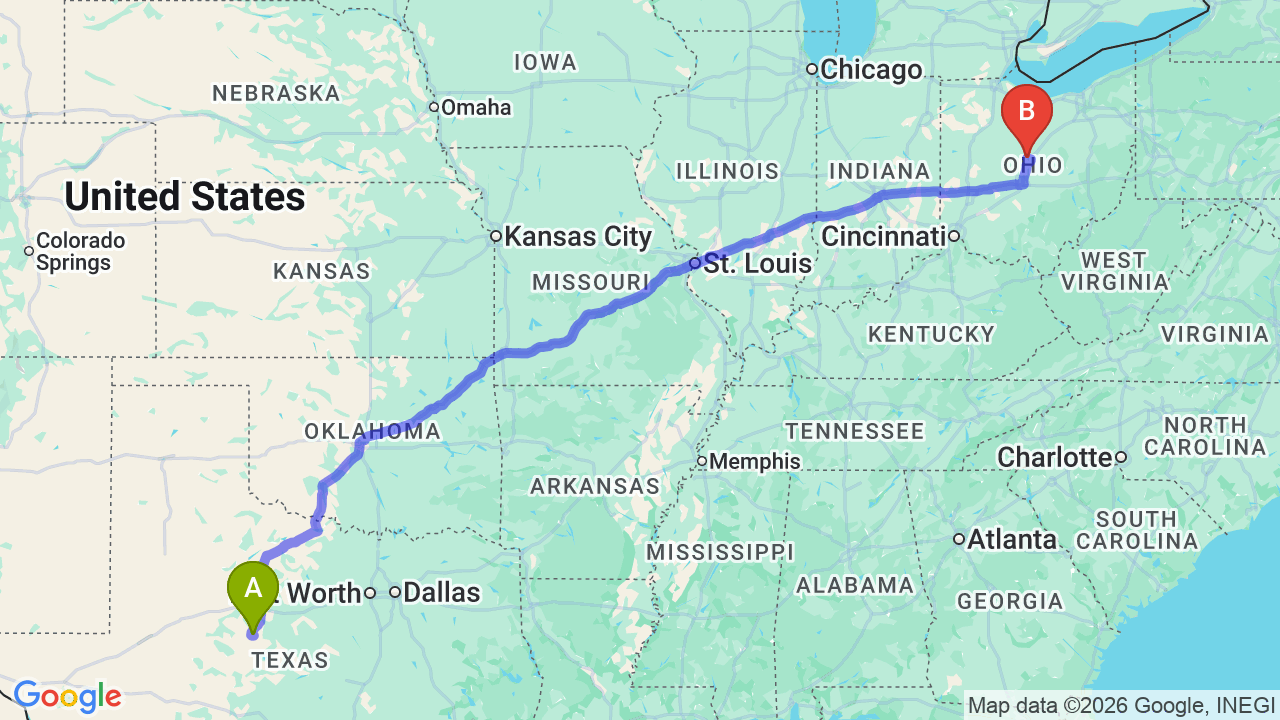 Route map: Texas to Ohio Car Shipping: The Complete Relocation Guide