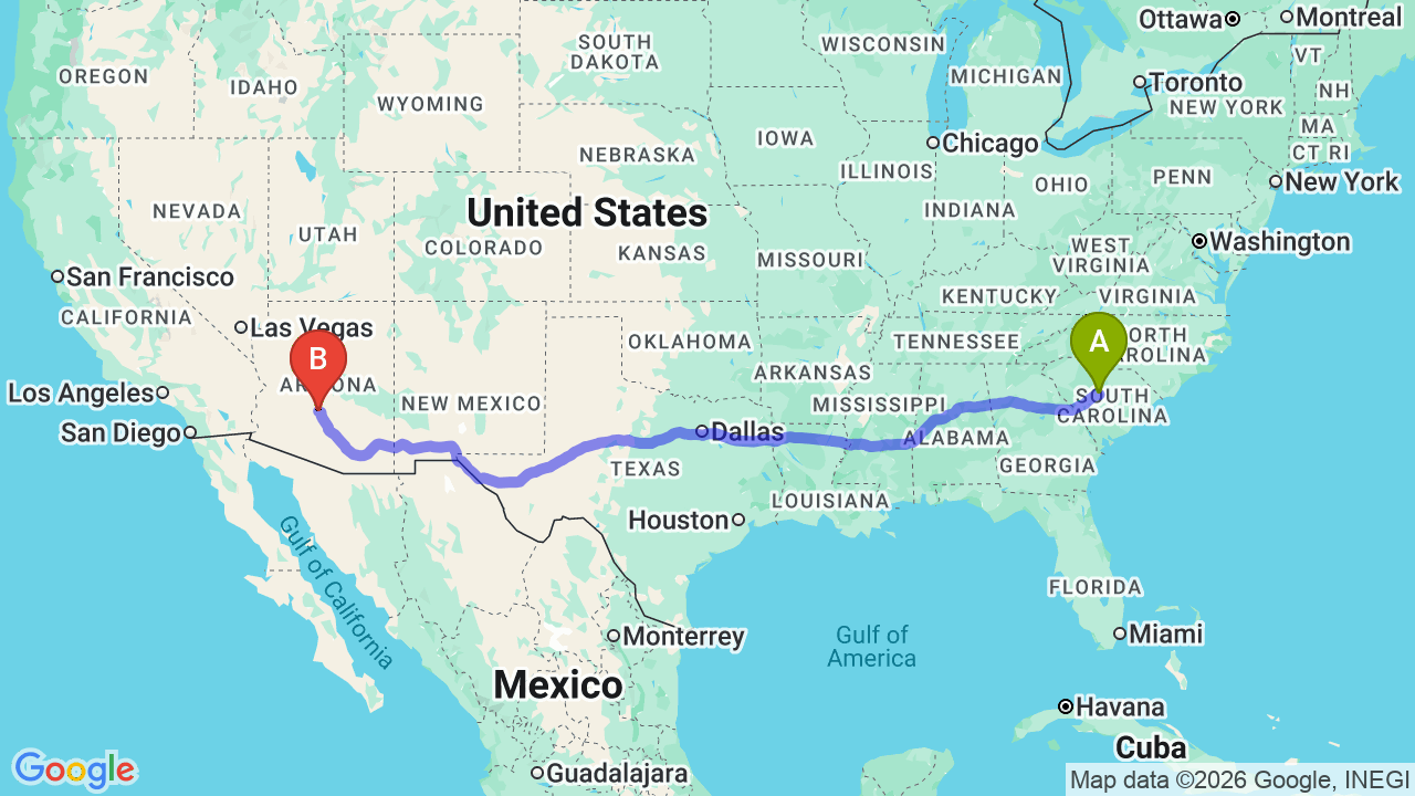 Route map: South Carolina to Arizona Car Shipping: Complete Relocator’s Guide