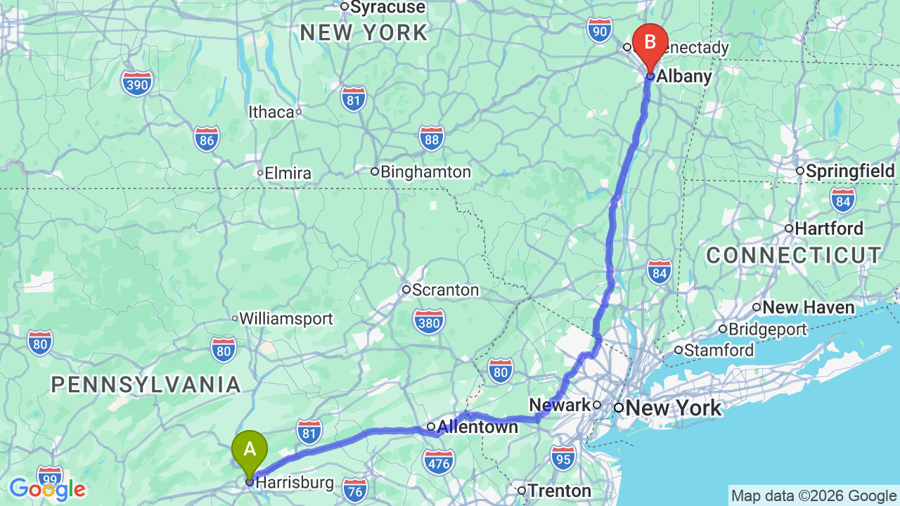 Route map: Pennsylvania to New York Car Shipping for Your Career Relocation