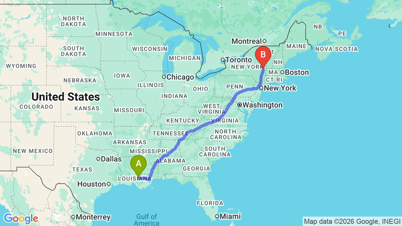 Route map: Louisiana to New York Car Shipping | Job Relocation Auto Transport