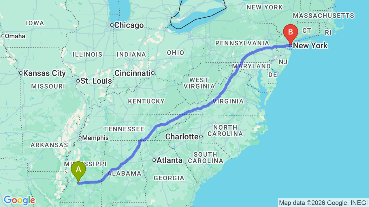 Route map: Mississippi to New York Car Shipping: Professional Auto Transport for Relocators